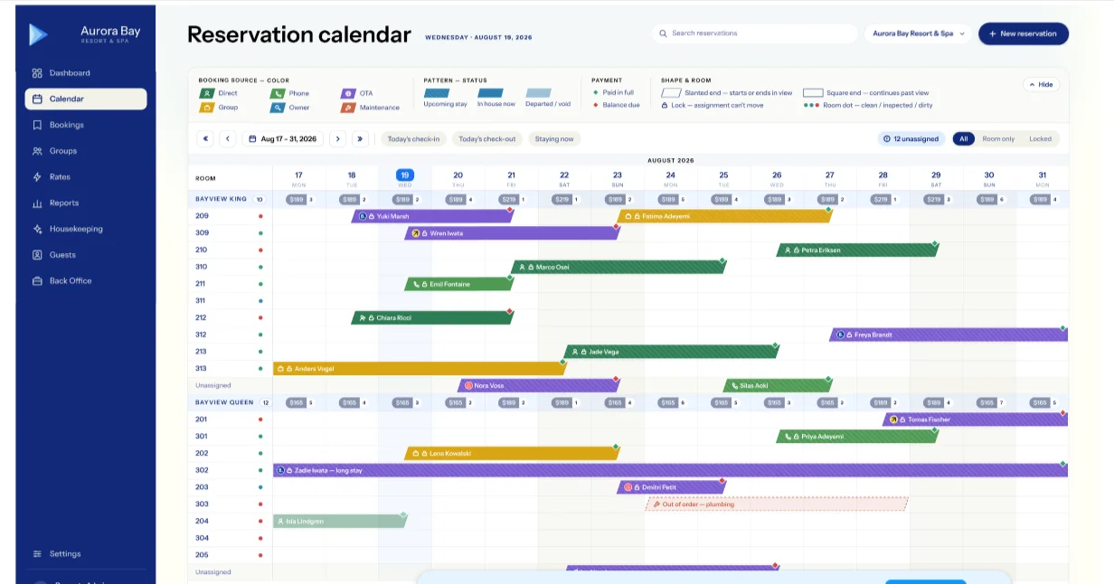 Reservation calendar with drag-and-drop bookings, color-coded by booking source